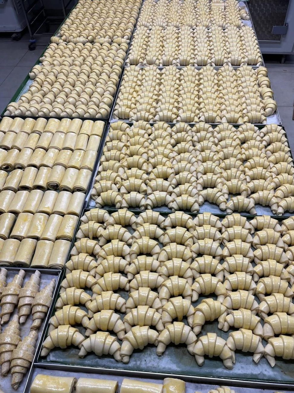Croissant appena formati, allineati sulle teglie prima della lievitazione