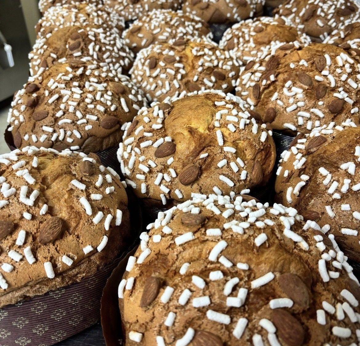 Dolci da forno lievitati con mandorle e granella di zucchero, appena usciti dal forno
